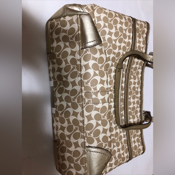 COACH Heritage Signature Stripe Gold Tote Double Handle Handbag Purse - Picture 12 of 16